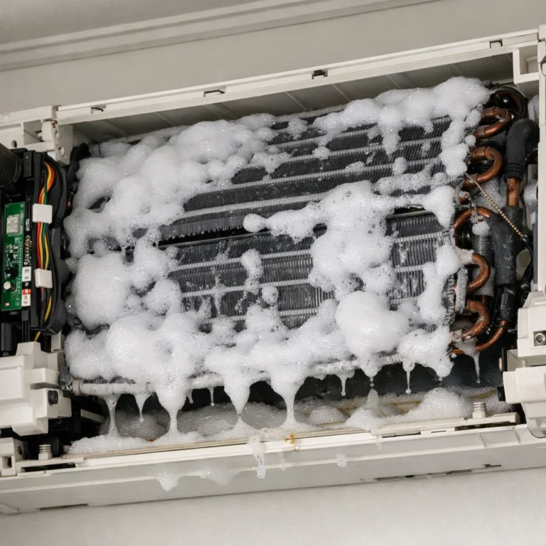Safe application of AC cleaning foam on evaporator coils for improved cooling efficiency