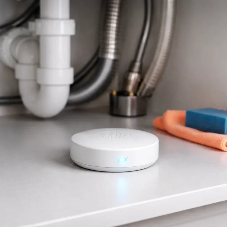 Smart water leakage detector installed under sink to prevent hidden water damage