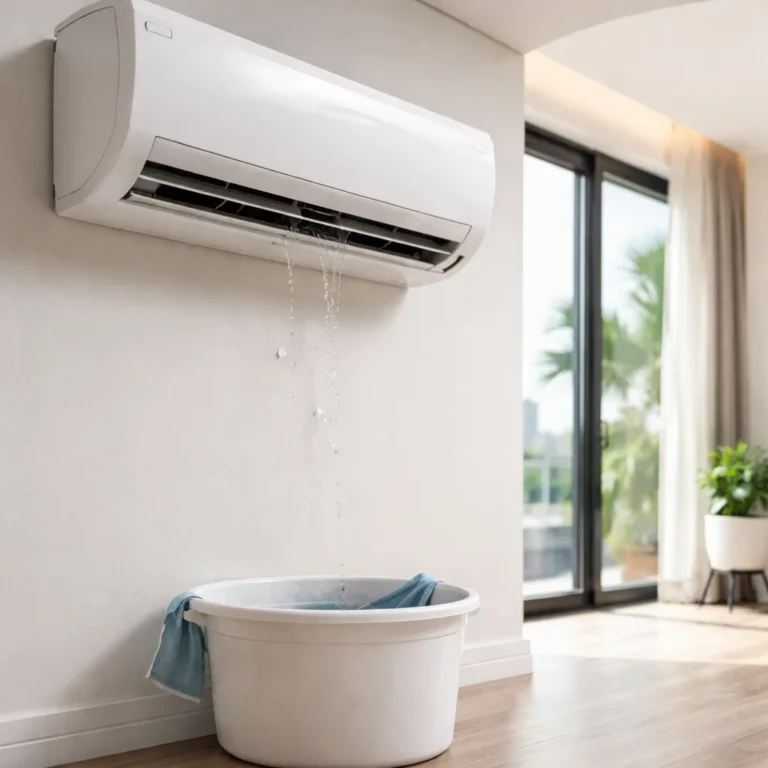 Split AC unit leaking water indoors showing need for proper drainage inspection