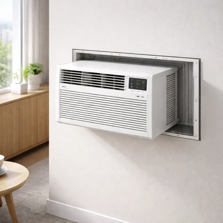 Through-the-wall AC installation showing correct wall fitting ventilation and clean interior finish
