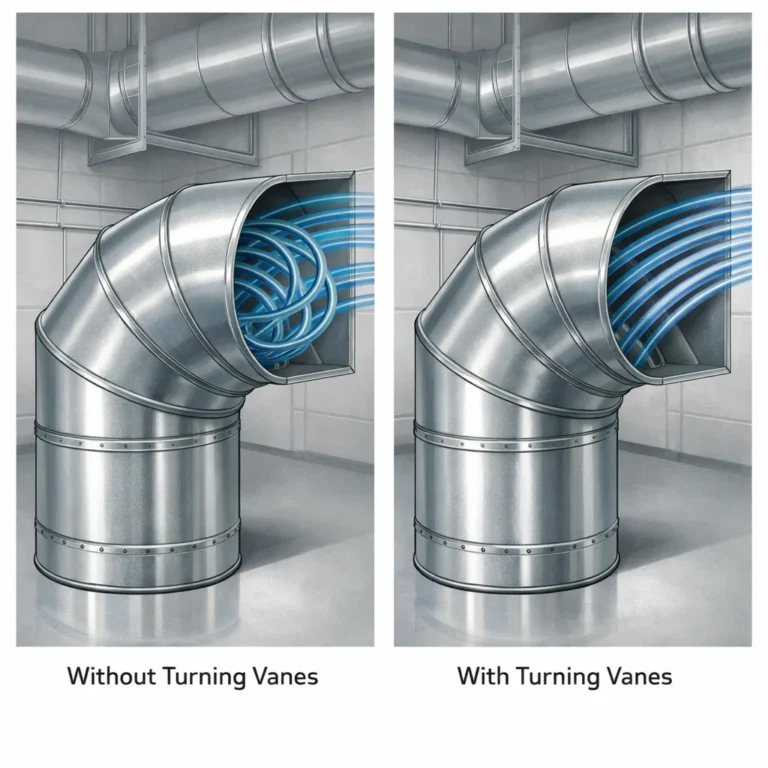 Turning vanes guide airflow smoothly through duct bends to reduce turbulence noise and energy loss