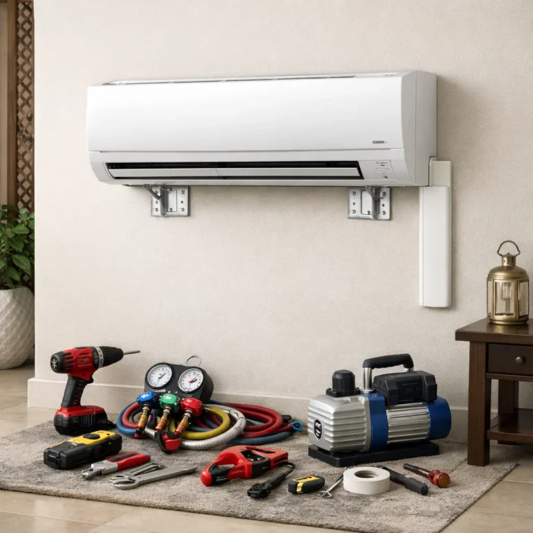 Wall-mounted AC installed correctly with clean finish proper airflow and secure support