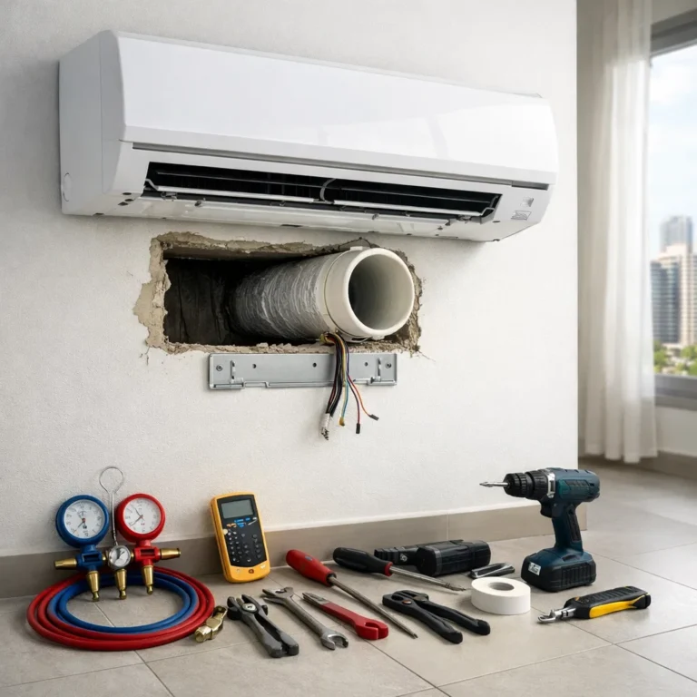 Wall-mounted AC relocation with proper wall preparation and clean finishing