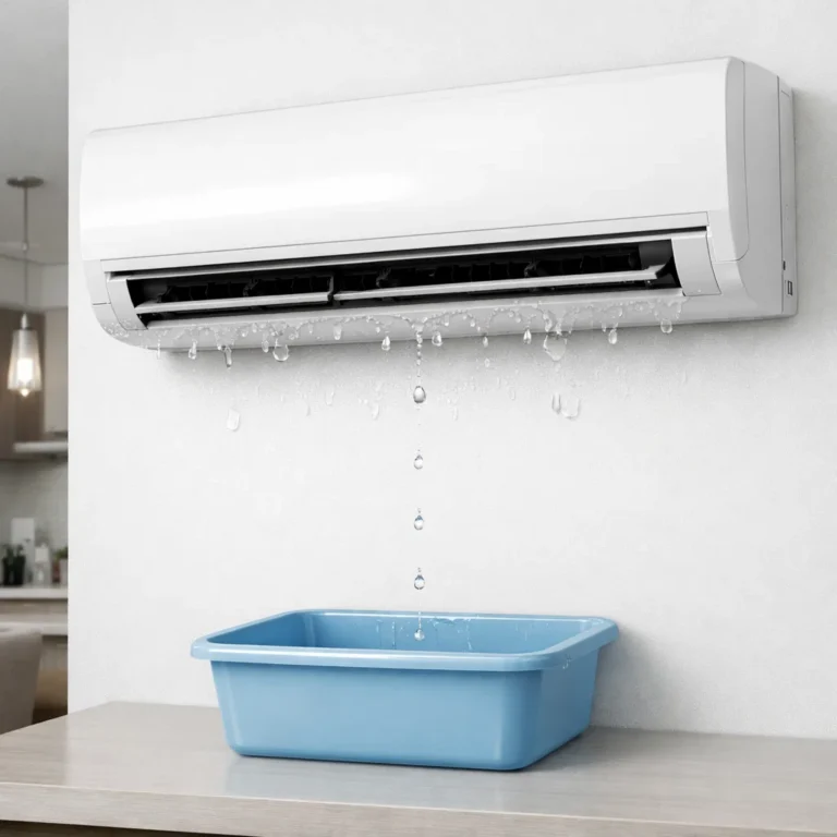 Wall mounted AC unit showing water leak for emergency troubleshooting and inspection