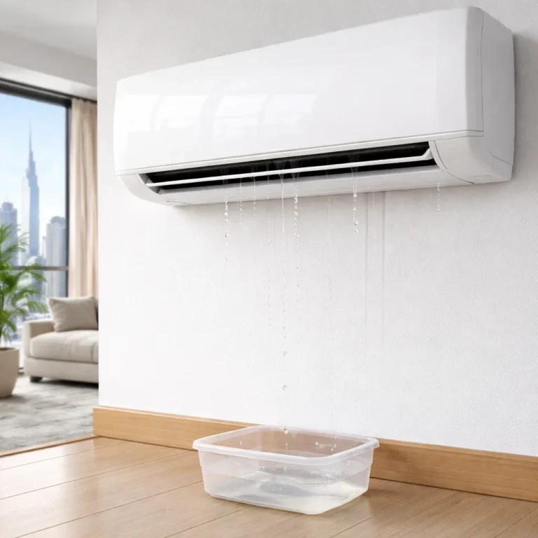 Water leakage from AC unit showing condensation drip and indoor moisture issue