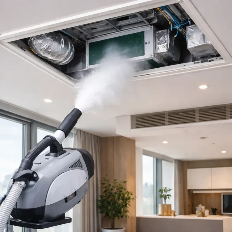 AC disinfection process using fogging machine inside duct system in Dubai apartment
