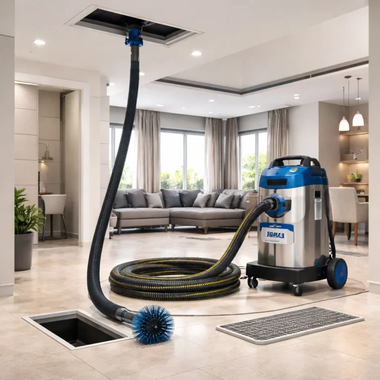 AC duct cleaning process with professional equipment inside UAE home