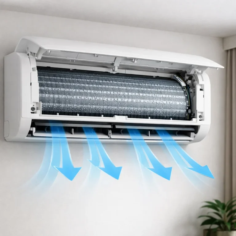 AC evaporator with condensation and air flow in the indoor unit
