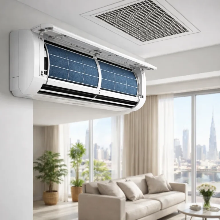 AC filter location pada unit indoor dan ceiling grille di rumah modern