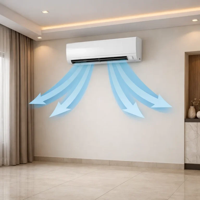 AC indoor unit positioned correctly on living room wall with proper airflow direction