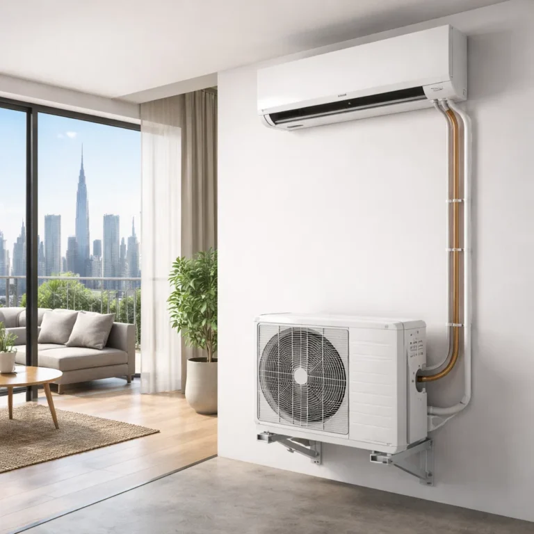 AC installation indoor unit with piping in a modern room