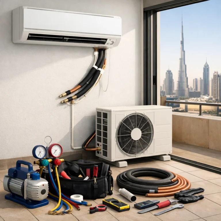 AC installation process showing indoor outdoor unit setup and tools