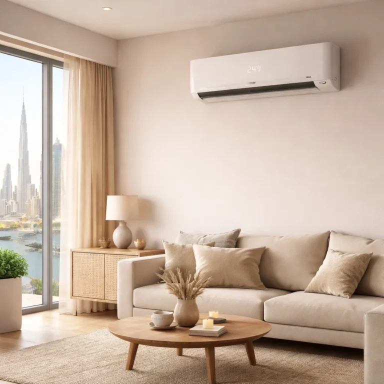 AC menunjukkan suhu 24 derajat di ruangan modern minimalis