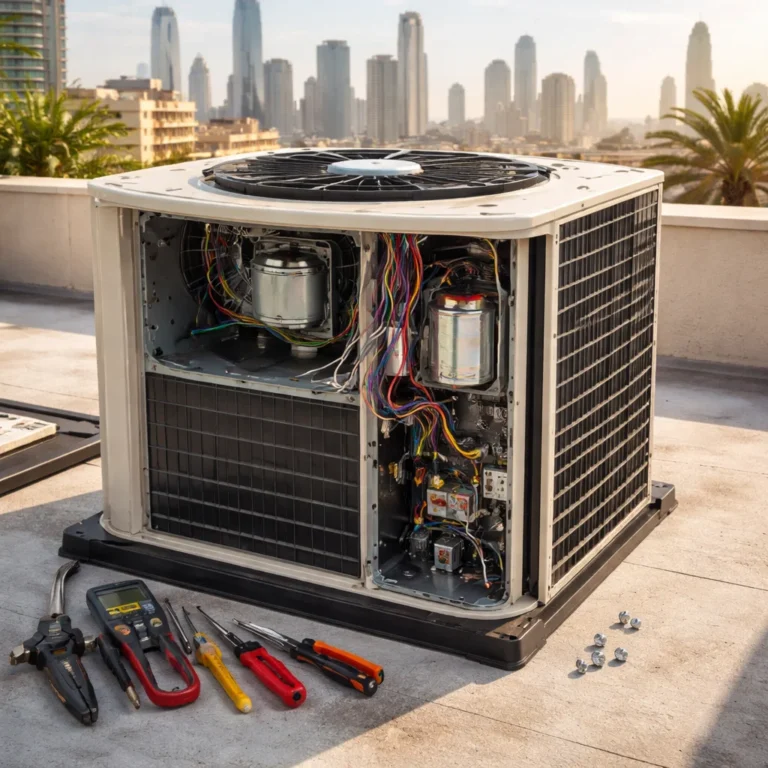 AC outdoor unit fan motor inspection in Dubai environment