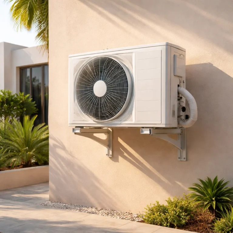 AC outdoor unit properly installed with correct spacing and airflow