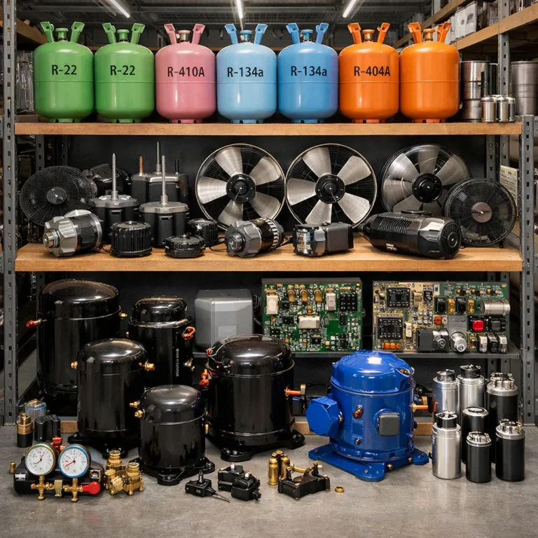 AC spare parts components arranged in a clean HVAC warehouse