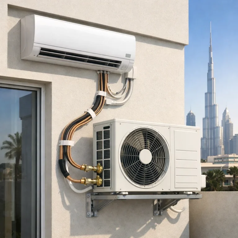 AC split unit installation setup with copper piping in Dubai building