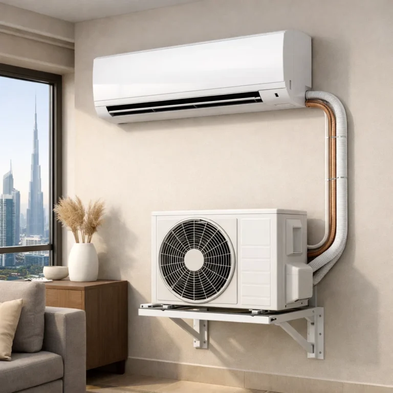 AC split unit terpasang rapi dengan pipa dan unit outdoor di apartemen Dubai
