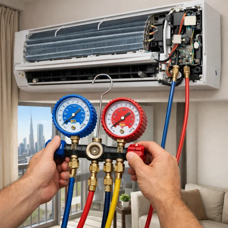 AC technician checking refrigerant pressure with manifold gauge on indoor AC unit