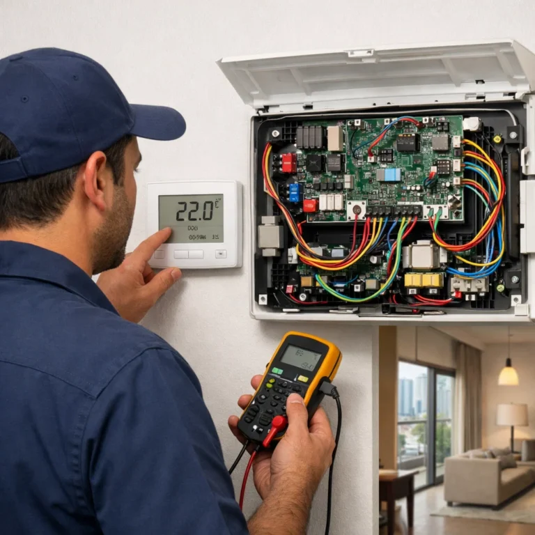 AC technician checking thermostat and internal control board in modern AC unit
