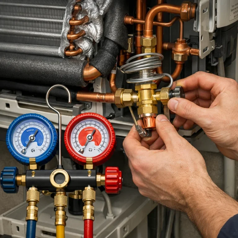 AC technician replacing AC valve with pressure gauges and tools in a clean setup