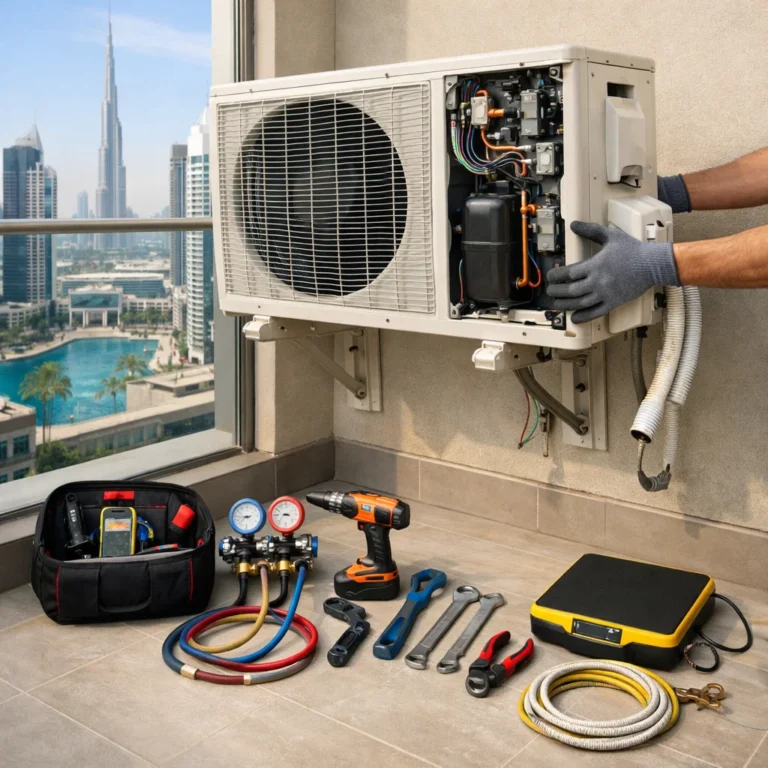 AC technician safely removing split AC unit outdoor