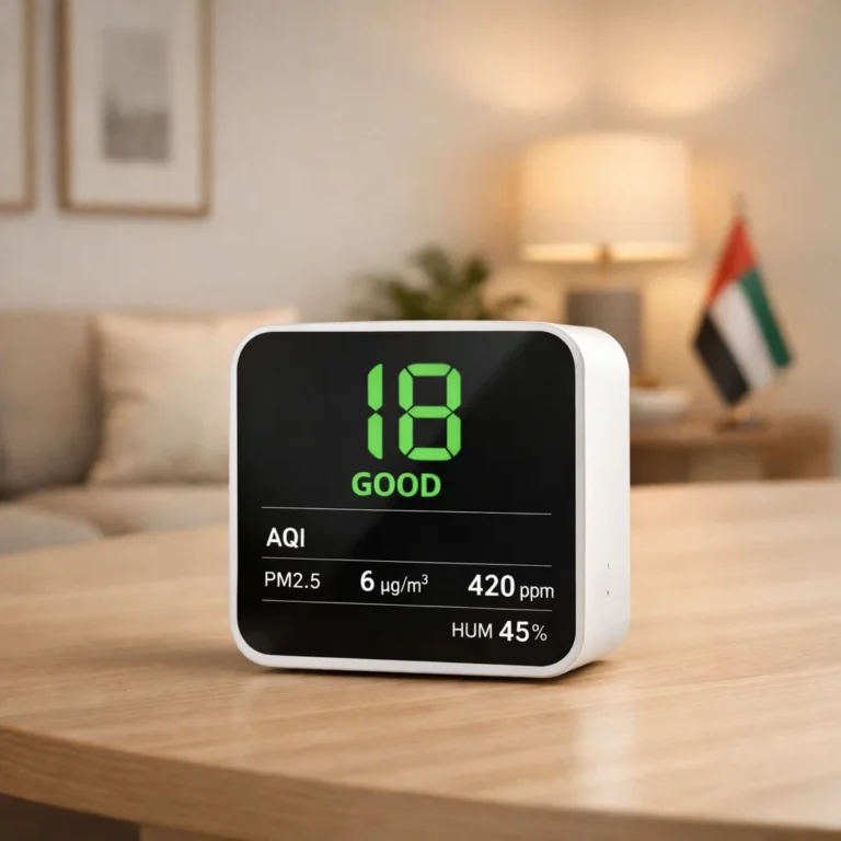 Air quality monitor menampilkan angka AQI di ruangan modern UAE