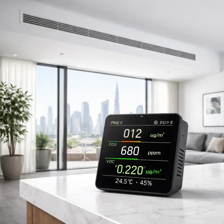 Air quality testing alat mengukur kualitas udara dalam ruangan di apartemen modern