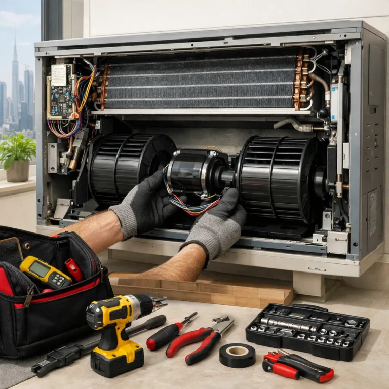 Blower motor replacement process inside indoor AC unit