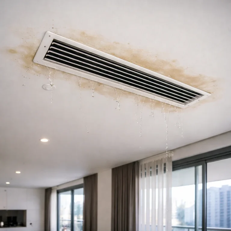 Ceiling AC vent leaking water dengan noda lembab di plafon