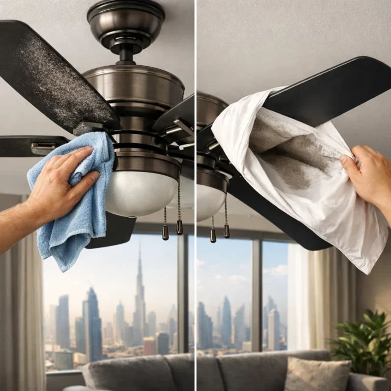 Ceiling fan cleaned from dust with simple method in modern home