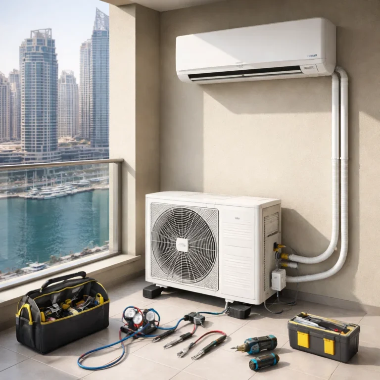 Clean installation of split AC system in modern Dubai apartment