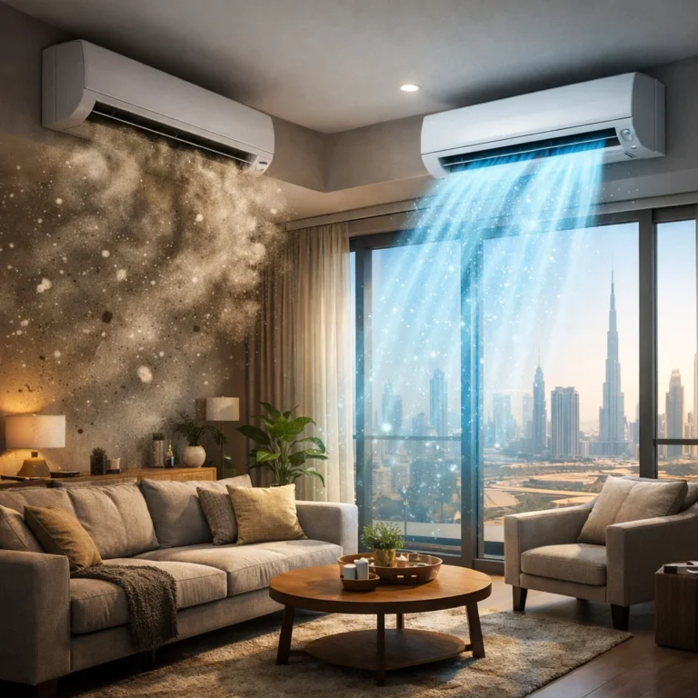 Clean vs polluted indoor air circulating through AC system in Dubai