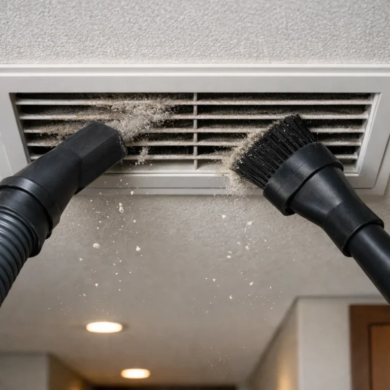 Cleaning AC vent with brush and vacuum in indoor ceiling
