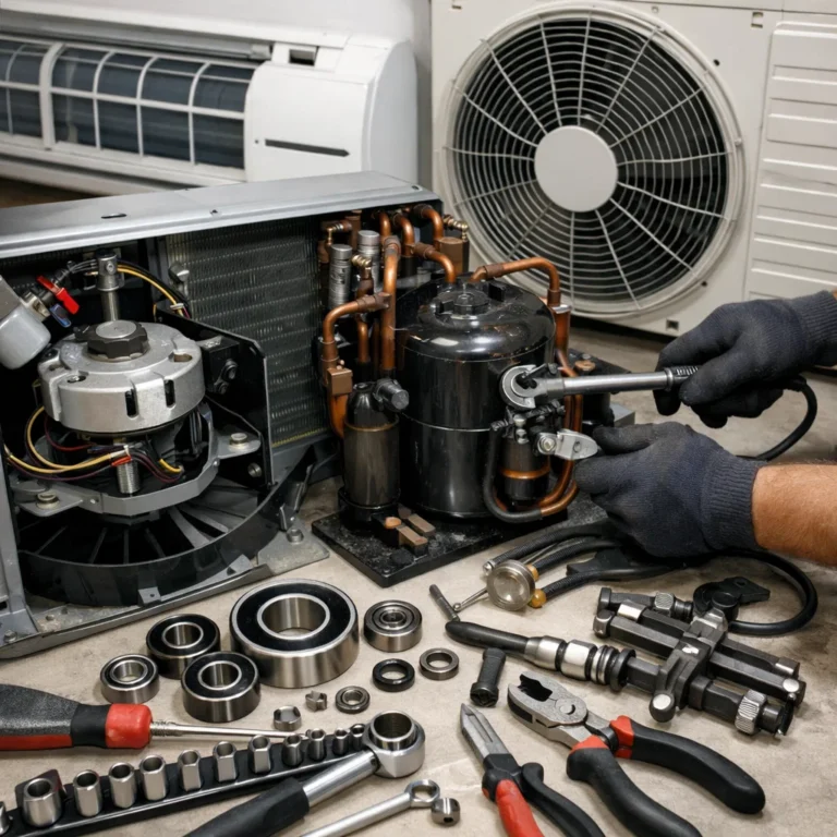Close-up AC technician inspecting motor bearing and fan unit
