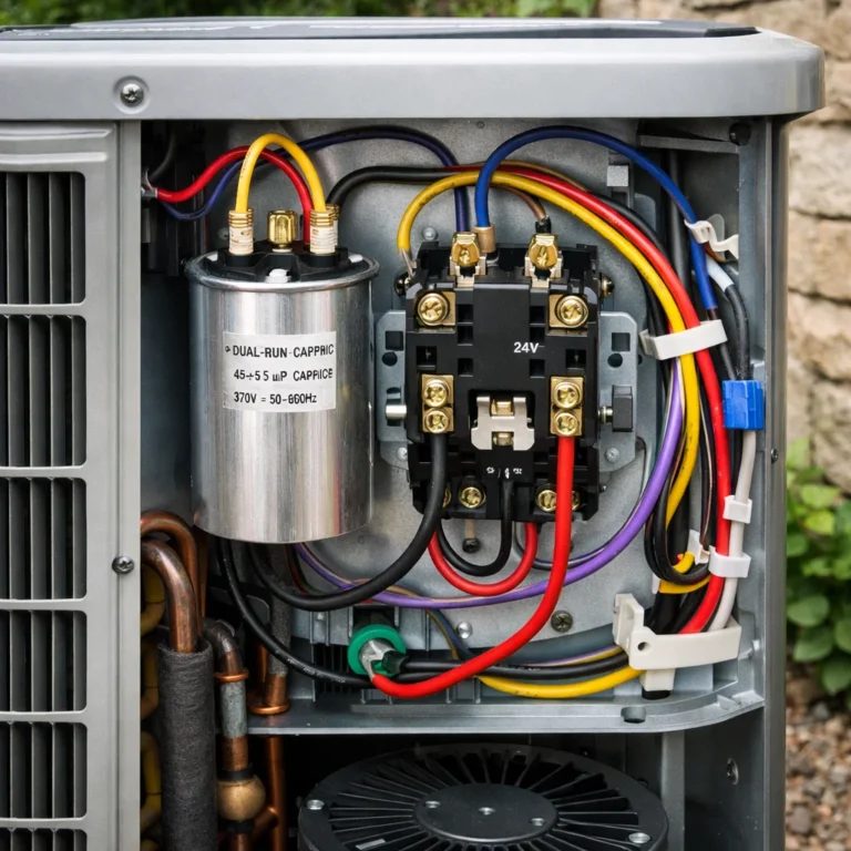 Close up of AC capacitor inside outdoor unit showing wiring and components