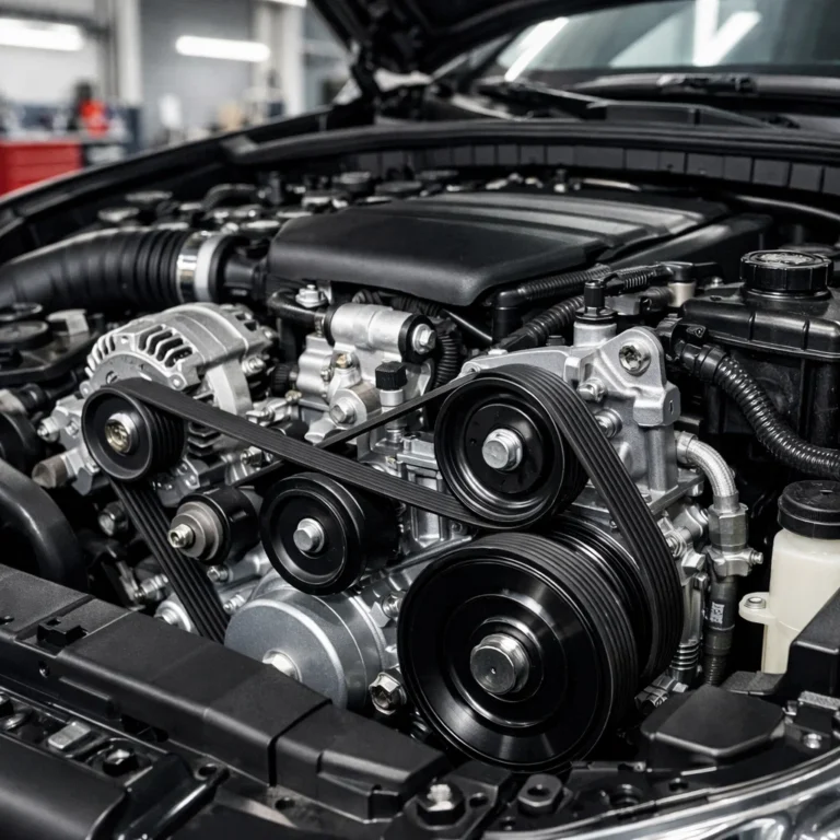 Close view of car serpentine belt inside engine bay