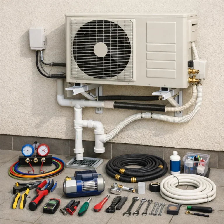 Complete AC installation components arranged for professional setup