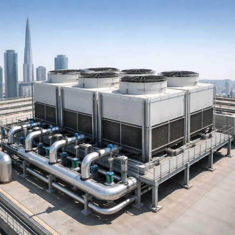 Cooling tower rooftop installation in UAE with full mechanical setup