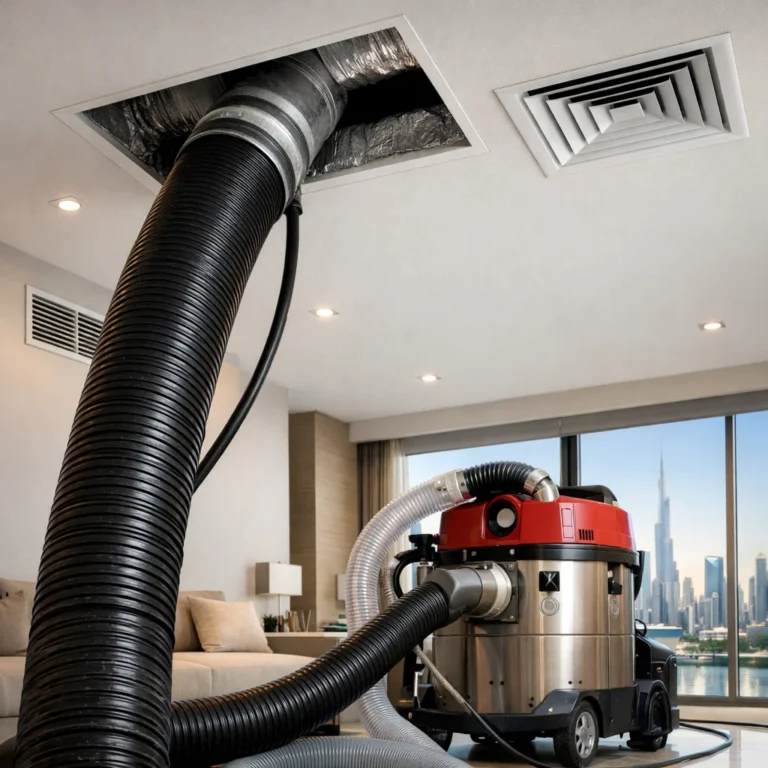 Deep duct cleaning process using professional vacuum system in Dubai property