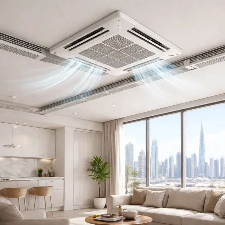 Detail of ceiling AC vent and duct system in a modern Dubai interior