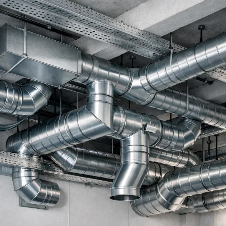 Detailed HVAC duct fittings layout inside a modern building ceiling