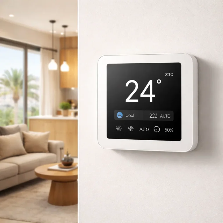 Digital AC thermostat installed on wall in modern UAE apartment