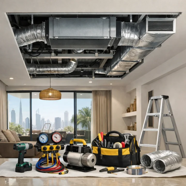 Ducted AC installation process in a modern Dubai home