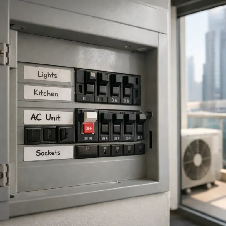 Electrical breaker panel with AC breaker tripped requiring safe inspection and reset