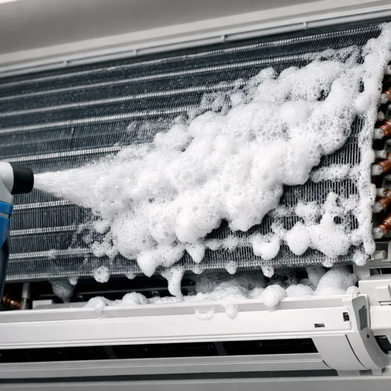 Foam spray cleans the AC coil in detail in the indoor unit