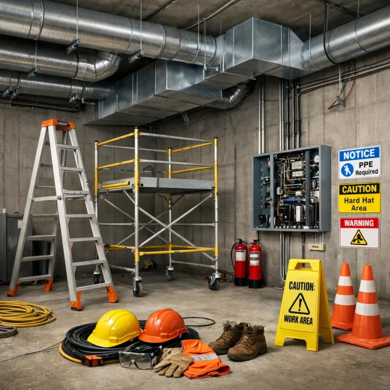 HVAC installation area with safety setup and equipment ready