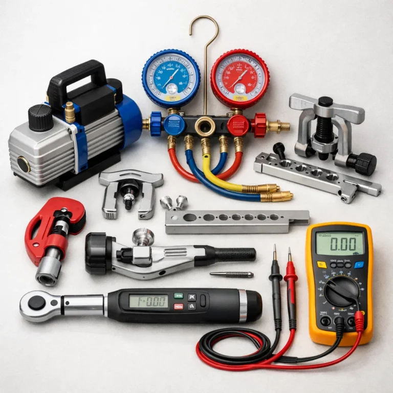 HVAC tools setup for AC installation in professional workspace