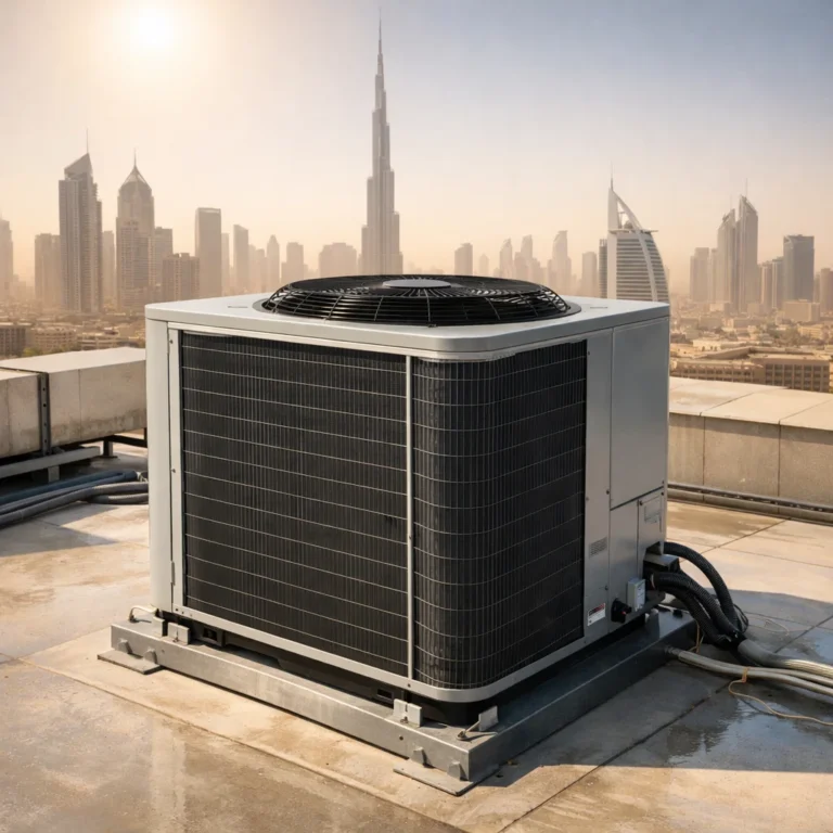 High efficiency AC system installed on rooftop in Dubai heat