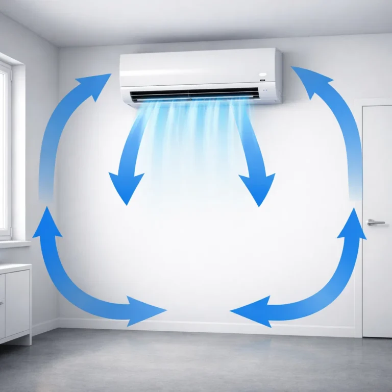 Illustration of a split AC in a closed room with rotating air flow